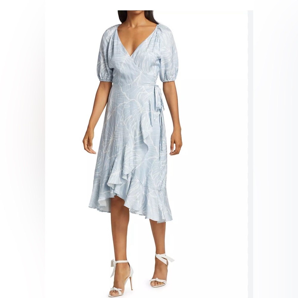 Marchesa Notte Short Puff-Sleeve V-Neck Linen Wrap Dress Dress Size 6